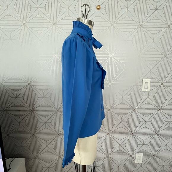 Vintage Lisa Stevens Blue Ruffle Secretary Bow Blouse ILGWU size Medium - Picture 3 of 15